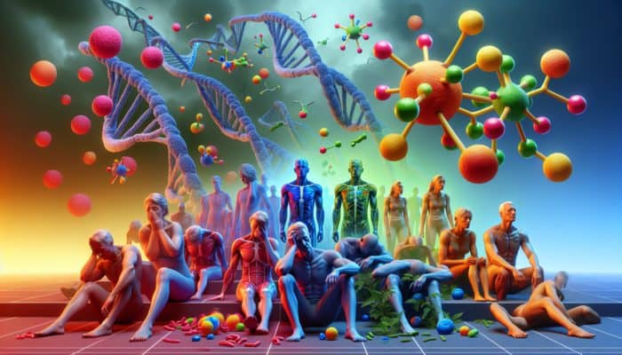 Illustration of methylcobalamin B12 molecules energizing nerve cells and revitalizing human figures.