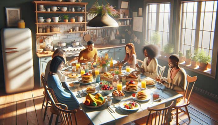 A cozy kitchen table set for brunch with pancakes, eggs Benedict, and fresh fruit, enjoyed by friends on a lazy Sunday morning.
