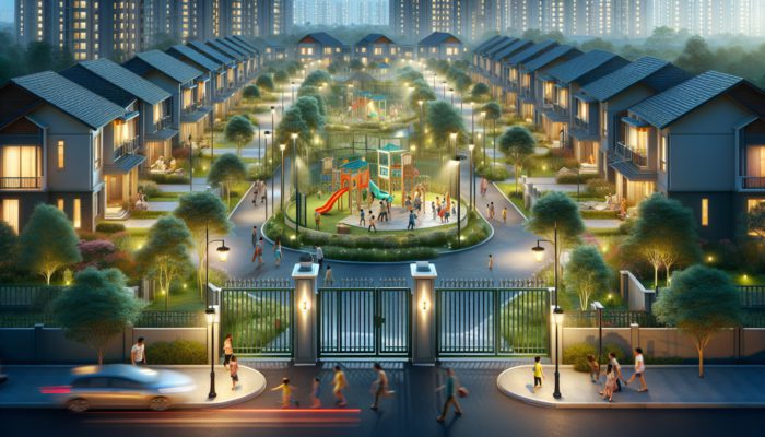 A serene, affordable gated community at dusk with families enjoying a park, secure entrance, and lush greenery.