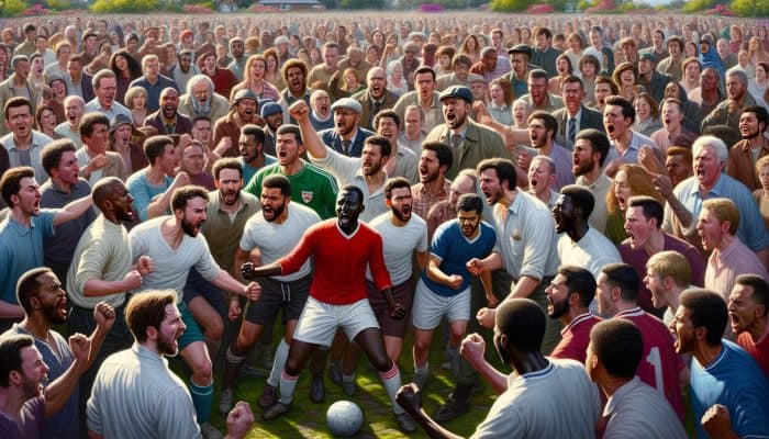 A diverse group of men playing football in a UK park, showcasing unity and joy.