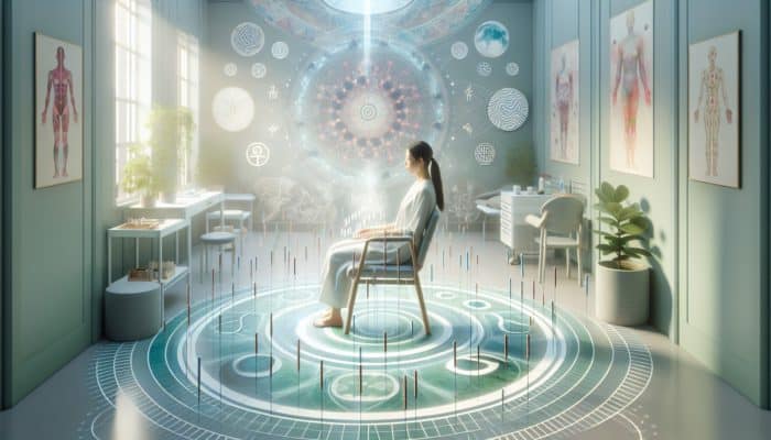 A serene scene depicting a woman receiving acupuncture in a UK fertility clinic, surrounded by calming colors and traditional Chinese symbols.