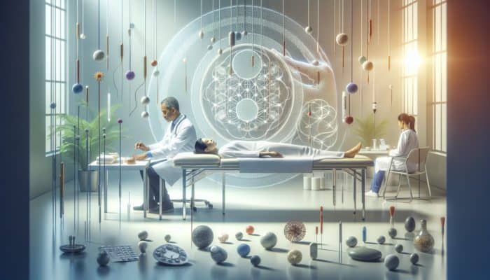 A tranquil NHS clinic providing acupuncture as part of fertility treatments, symbolizing a holistic healthcare approach.