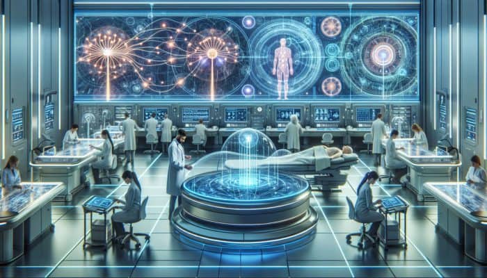 Advanced electroacupuncture devices showcased in a modern medical environment with experts and calm patients.