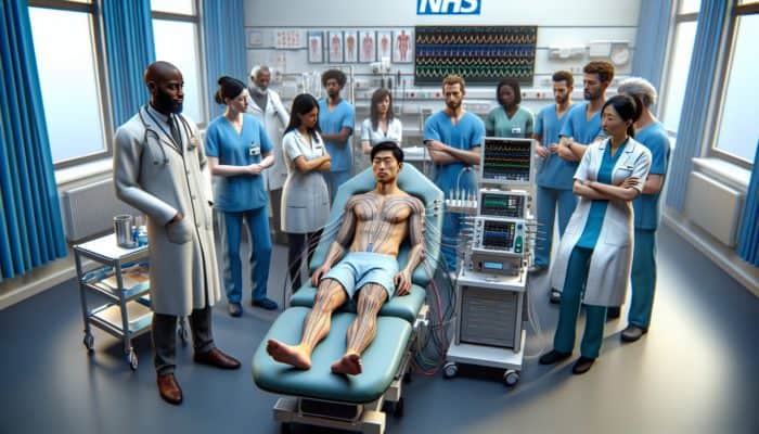 Diverse healthcare professionals observing an electroacupuncture treatment in a modern UK hospital setting with NHS branding.
