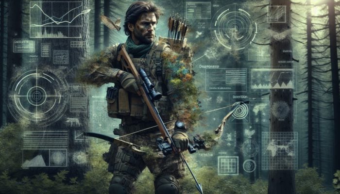 SHTF Hunting Skills: A survivor in camouflage tracking through a dense forest with a bow, alert and focused.