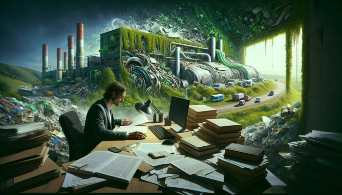 Person researching legal and environmental regulations with a backdrop of recycling and nature.