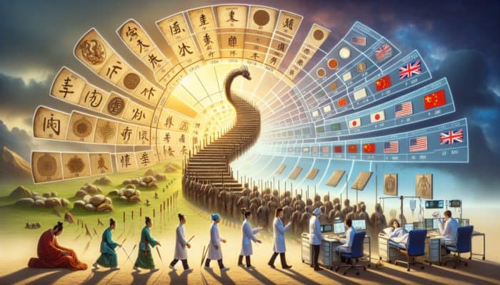 Historical tapestry showcasing the journey of acupuncture in the UK, from ancient Roman influences to contemporary health practices.