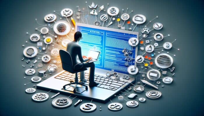 An individual typing on a laptop with SEO elements and a structured blog post visible on screen.