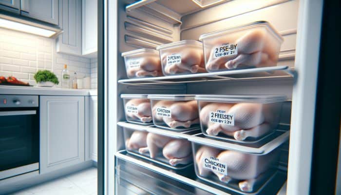 Bottom shelf of a modern refrigerator with sealed chicken containers at 4°C, labeled with use-by dates within 1-2 days.