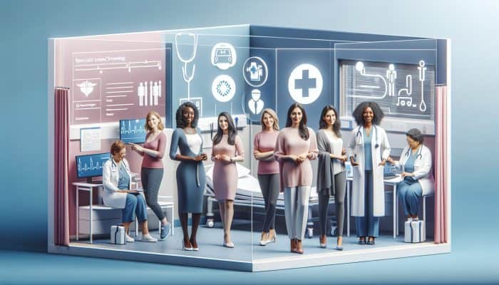 Diverse UK women accessing healthcare services through NHS GPs and private clinics, with symbols representing medical services.