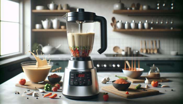 Best Immersion Blenders for Soups and Sauces: High-wattage immersion blender with variable speeds blending bisque and salsa in a modern kitchen.
