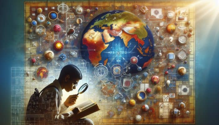 A vibrant map with topographical features and interactive learning tools, studied by a focused student with a magnifying glass.