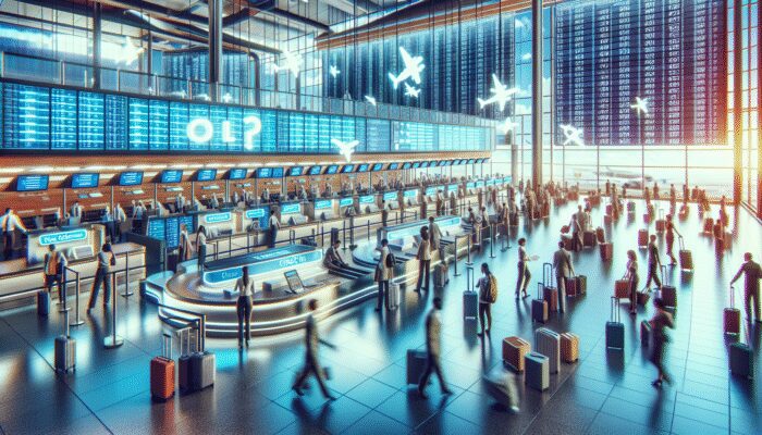 A busy airport featuring various check-in options and efficient baggage handling services.