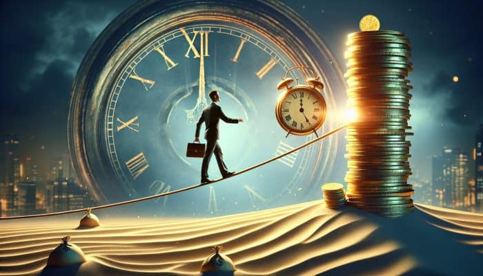 Why Debt Consolidation Might Be Your First Move: UK Guide | DCL A person balancing on a tightrope over quicksand, with a clock and growing coins in the background.