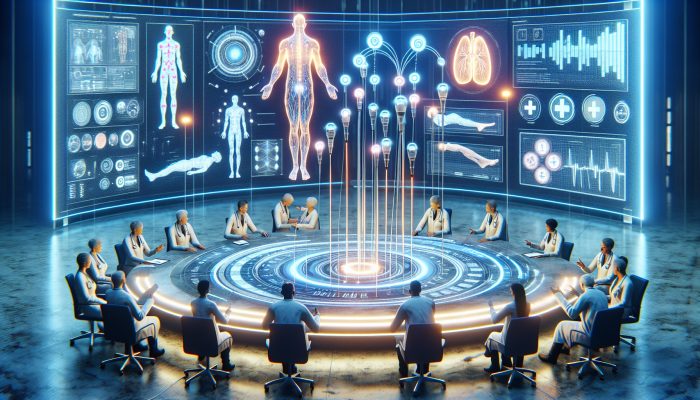 Futuristic healthcare setting with patients receiving electroacupuncture and experts discussing integration.