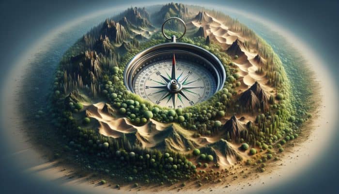 A traditional compass with needle pointing north amidst forest, desert, and remote landscapes.