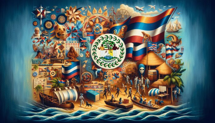 A tapestry illustrating the cultural evolution of Belize, showcasing influences from Creole, Garifuna, and colonial histories that reflect modern identity.