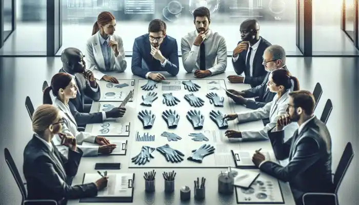 A team of experts discussing latex glove orders in a modern Barry office, equipped with charts and samples.