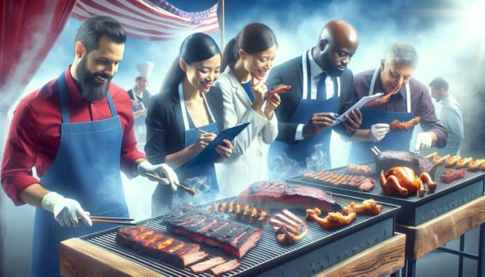 Judges evaluating ribs, brisket, pork, and chicken at a vibrant BBQ competition with grills and smoke.