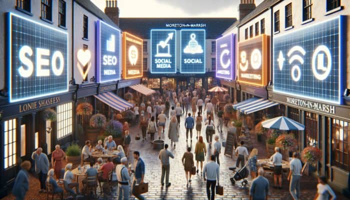 E-commerce Marketing in Moreton-in-Marsh, Gloucestershire: A vibrant online marketplace in Moreton-in-Marsh with small businesses using digital screens for SEO, social media, and email marketing to engage locals.
