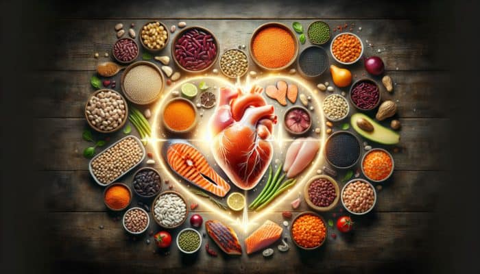 A collage of heart-healthy lean proteins like salmon, chicken, and legumes around a glowing heart.