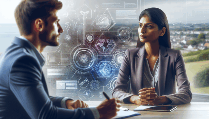 Small business owner in Burnham-on-Sea listening to digital advertising expert's presentation with tech and coastal visuals.