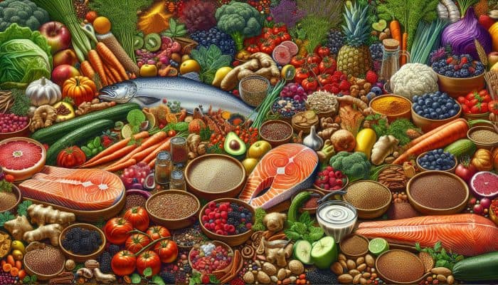 A kitchen counter in the UK showcasing salmon, colorful vegetables, berries, quinoa, nuts, seeds, turmeric, and ginger.