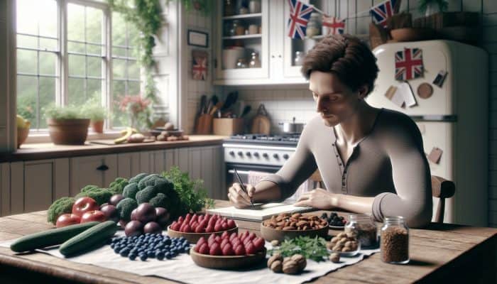 An individual in the UK writing in a food diary at a kitchen table, surrounded by nutritious anti-inflammatory foods like berries, nuts, and leafy greens.