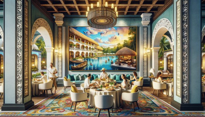 Luxurious Belize hotel showcasing local artwork, traditional cuisine, and lush tropical surroundings.