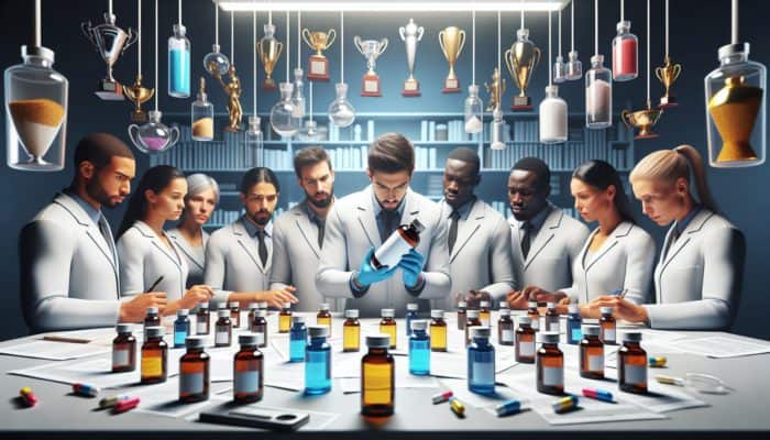 Athlete in lab coat reading supplement label, surrounded by trophies and WADA list, ensuring sports regulation compliance.