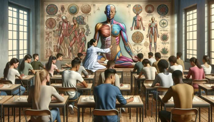 Acupuncture students in a classroom learning under a mentor, engaging with anatomy charts and practical demonstrations on a model.