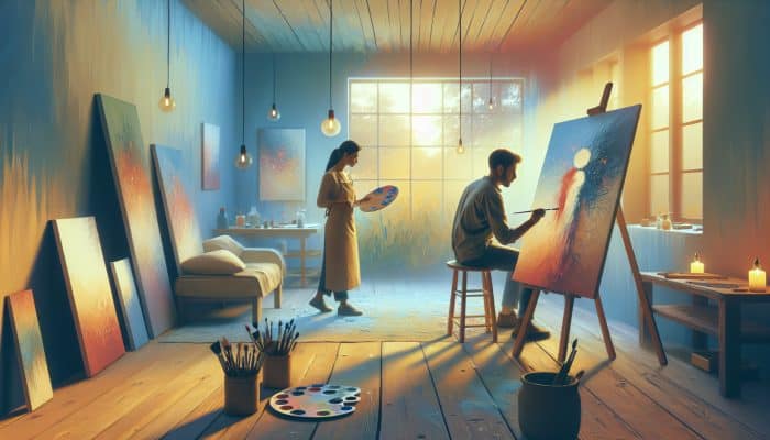 Art Therapy for Emotional Expression: A person painting abstract emotions on canvas during an art therapy session, guided by a therapist in a softly lit room.