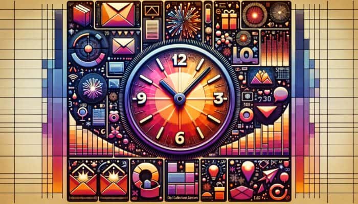 A digital clock showing mid-morning, surrounded by opened emails, holiday symbols, and engagement graphs.