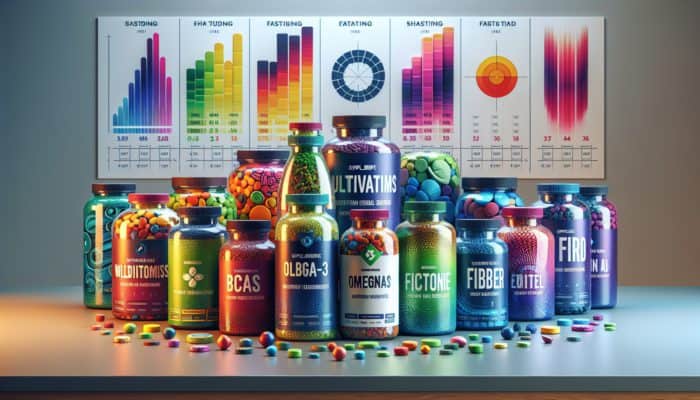 Supplements for Intermittent Fasting: Bottles of various supplements for intermittent fasting on a table with fasting schedules in the background.