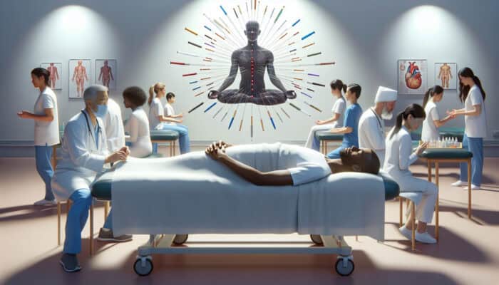 Patients receiving acupuncture in a serene UK healthcare setting, integrated into the NHS for holistic well-being.