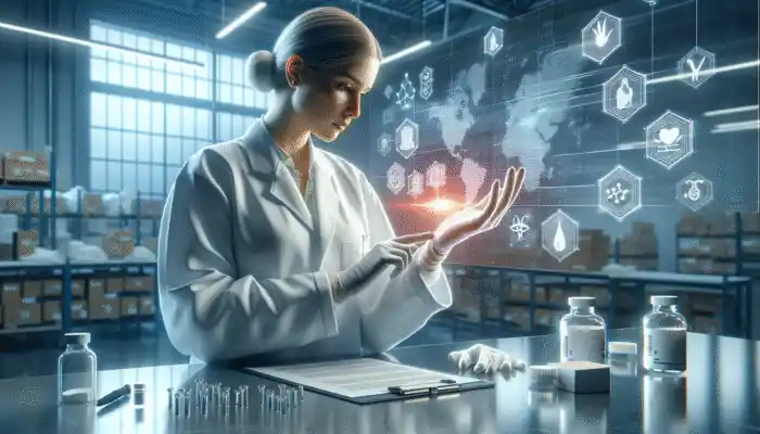 A healthcare professional evaluating sterile gloves in a modern Ashford warehouse, accompanied by analysis charts and supplier logos.