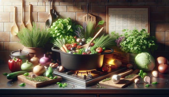 A cast iron Dutch oven simmering on a stove in a rustic kitchen, surrounded by herbs and vegetables.