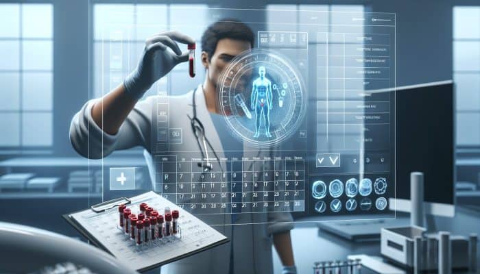 Person in lab with testosterone vial, checklist, and calendar, preparing for blood test.