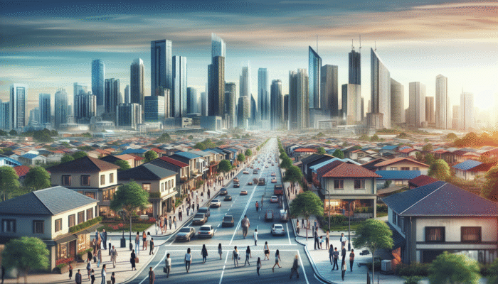 A vibrant Mahikeng street with modern residential and commercial properties, symbolizing economic growth and investment opportunities.