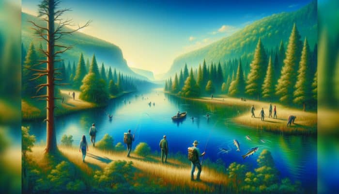 Outdoor Activities for Mental Health: A serene landscape with lush green forests and calm blue waters, perfect for relaxing outdoor activities like hiking and fishing.