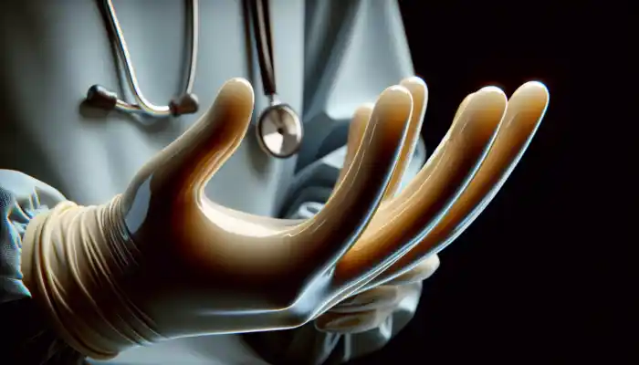 Latex Gauntlet Gloves in Tonbridge: Close-up of shiny, elastic latex gauntlet gloves worn by a healthcare worker in a UK facility, showcasing barrier protection and hygiene standards.