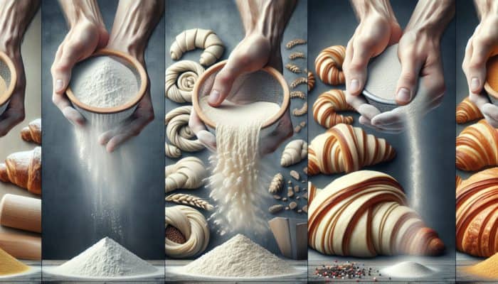 Hands sifting all-purpose and bread flour, with laminated dough showing perfect elasticity and structure for croissants.