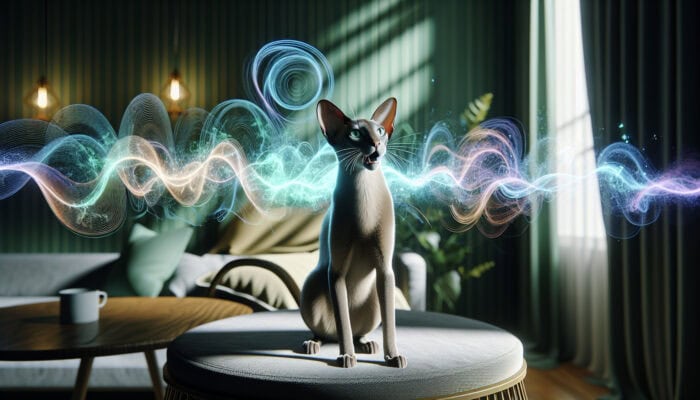 Oriental Shorthair Vocalization: A sleek Oriental Shorthair cat with green eyes, mouth open in vocalization, emitting swirling blue and green sound waves in a cozy home.